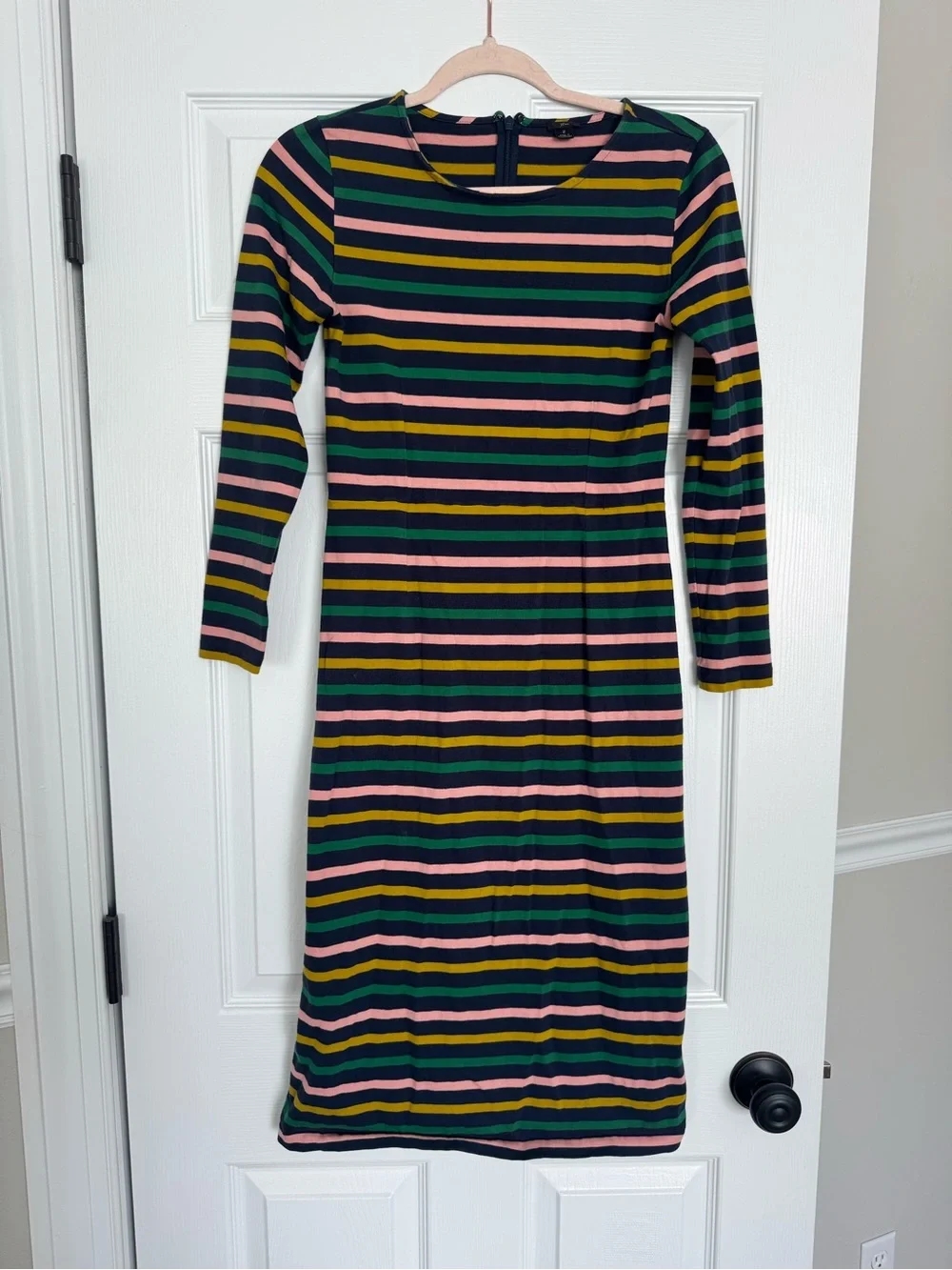 J. Crew Striped Long-Sleeve Midi Dress in Navy, Green, Pink & Gold